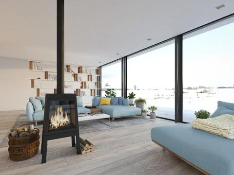 3d rendering. living room with cast iron fireplace in modern loft apartment. Stock Illustration