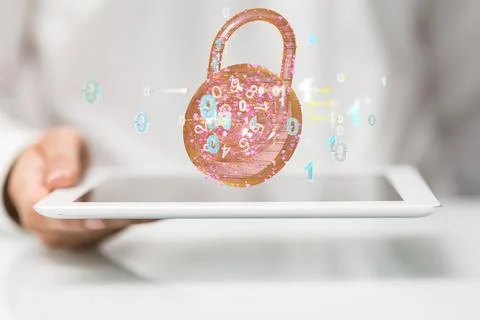 A 3D rendering of a lock with binary code on a tablet - cybersecurity, inform Stockfoto's