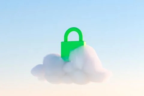 3D rendering of lock in fluffy cloud. Cloud security concept Stock Illustration