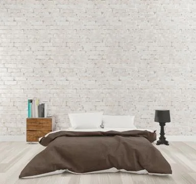 3D rendering Loft style bedroom with white brick wall ,wooden floor, mock up Stock Illustration