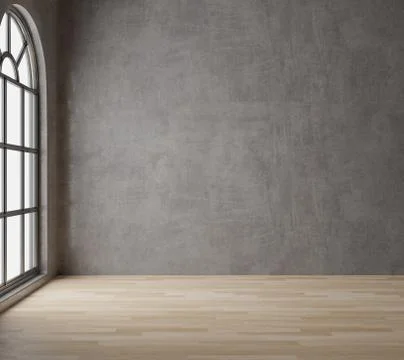 3D rendering Loft style empty room with raw concrete ,wooden floor,big window Stock Photos