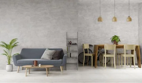 3D rendering Loft style living room and dining room with raw concrete ,wooden Stock Illustration