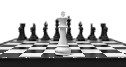 3d rendering of a lone white chess king stands on a chess board with black Stock Illustration