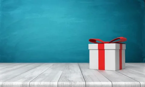 3d rendering of a lone white gift box with a red bow standing on a wooden desk Ilustración de archivo