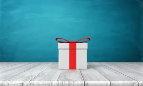 3d rendering of a lone white gift box with a red bow standing on a wooden desk Stock Illustration