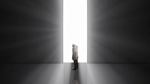 3D rendering Lonely man standing in front of the huge gate Illustration