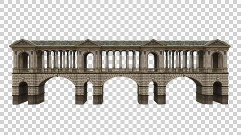3D rendering of a long covered stone bridge with roof and columns isolated. Stock Illustration