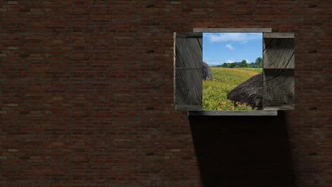 3d rendering of Looking out the beautiful scenery through the brick wall wind Stock Photos