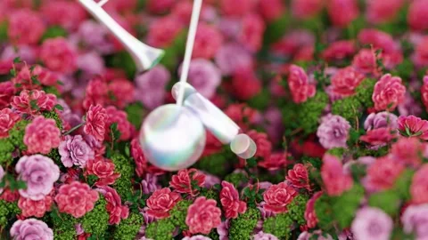 3D rendering loop of hanging objects swinging through ring above flowers Stock-Footage 279155698
