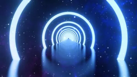 3D rendering. Loop motion of glowing neon ring and on dark galaxy star 스톡 일러스트