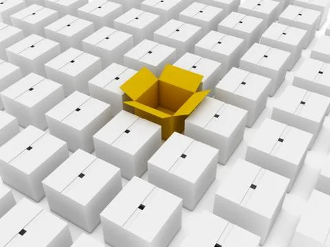 3d rendering of a lot of cardboard boxes where a single box is open Stock-Illustration