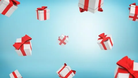 3d rendering of a lot of white closed gift boxes tied with red ribbons falling Stock Illustration