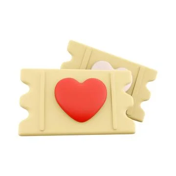 3d rendering love ticket icon. 3d render heart shape on yellow ticket icon. Love 스톡 일러스트
