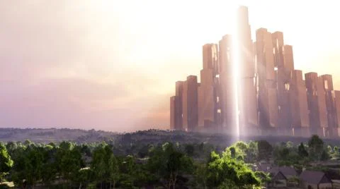 A 3D rendering low angle of trees in a sunny day with high building and cloud Ilustración de archivo