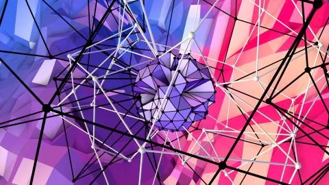 3d rendering of low poly background with 3d objects grid and modern gradient Stockillustratie