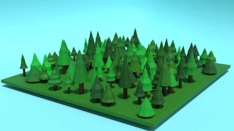 3d rendering of low poly evergreen forest at midday with blue background Stock Illustration