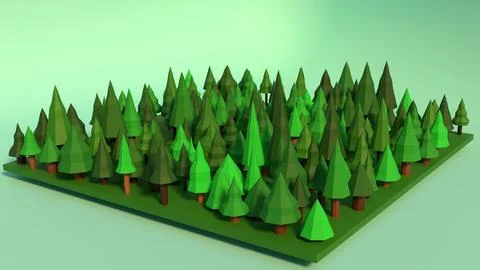 3d rendering of low poly evergreen forest at sunset Stock Illustration