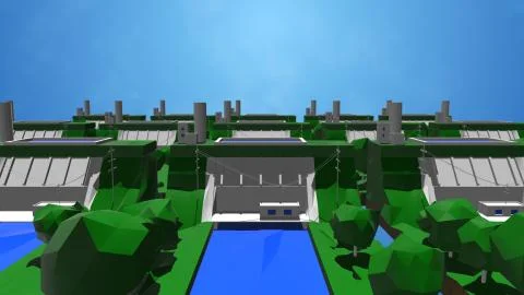 3d rendering of low poly island with various buildings. Stock Illustration
