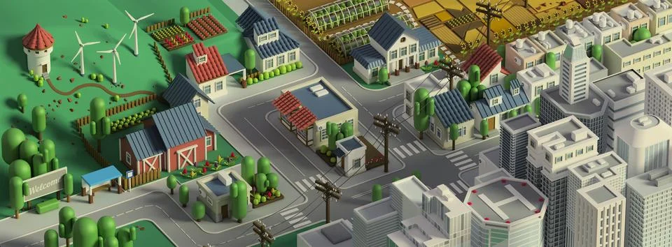 3d rendering of low poly isometric city. Cartoon landscape Stock Illustration