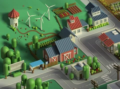 3d rendering of low poly isometric city. Cartoon landscape Stock-Illustration