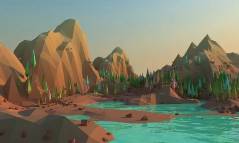 3d rendering of Low poly landscape whith mountains and water at foreground イラスト素材