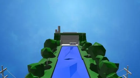 3d rendering of low poly water treatment plant infrastructure with water channel Ilustración de archivo