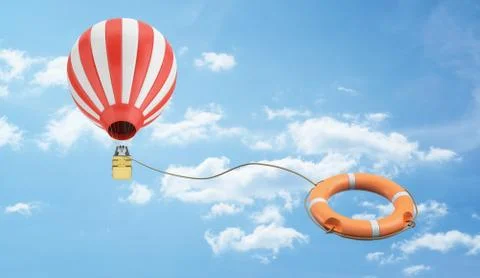 3d rendering of a low view on a hot air balloon flying away with an orange life Stock Illustration