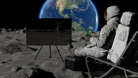 3D rendering. Lunar astronaut drinking beer sitting in easy beach chair on Mo Stock Illustration