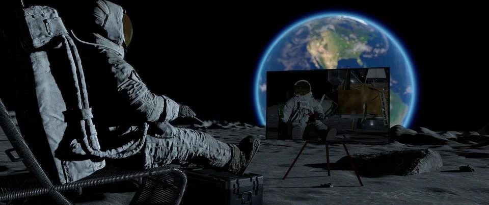 3D rendering. Lunar astronaut drinking beer sitting in easy beach chair on Mo Stock Illustration