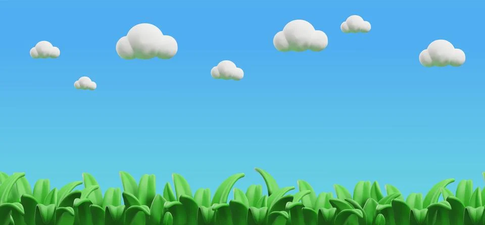 3D rendering with lush green grass and blue sky with clouds for creating a park Ilustração Stock
