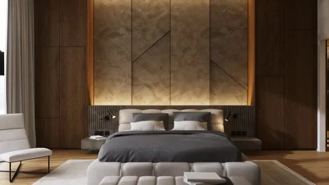 3d rendering of Luxury Apartment. Modern bedroom Interior design. Stock Footage 244454809