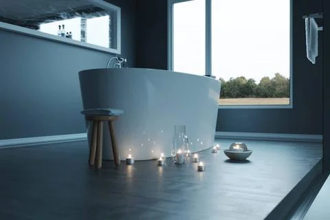 3d rendering of of luxury grey bathroom with free standing bathtub and can... Stock Photos