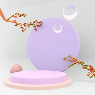 3d rendering Luxury Podium Display with Spring Apple Blossom on Blue and Pink Stock Illustration