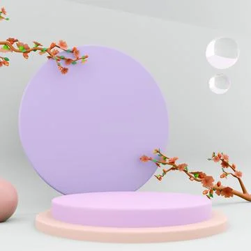 3d rendering Luxury Podium Display with Spring Apple Blossom on Blue and Pink Stock-Illustration