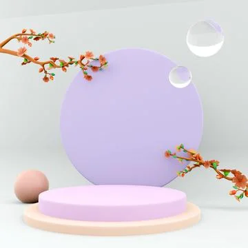 3d rendering Luxury Podium Display with Spring Apple Blossom on Blue and Pink Stock-Illustration