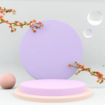 3d rendering Luxury Podium Display with Spring Apple Blossom on Blue and Pink Stock Illustration
