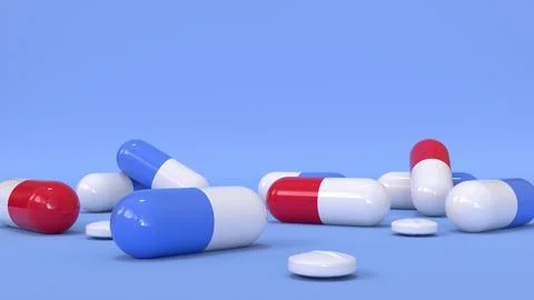 3d rendering of a macro plan of a stack of pills on a blue background. Concep Stock Illustration