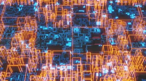 3D rendering macro shot of abstract motherboard and wireframe of cube chips Stock Illustration