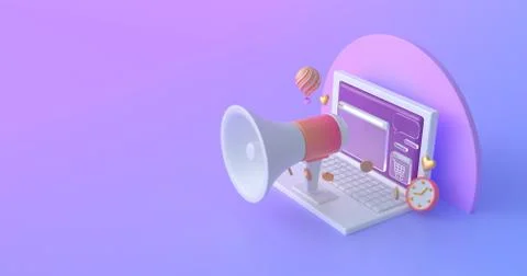 3d rendering of magaphone and laptop. Stock Illustration