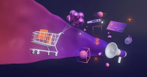 3d rendering of magaphone and shopping cart. Stock Illustration