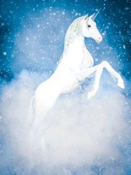 3D rendering of a magical white unicorn in snow. Illustrazione stock