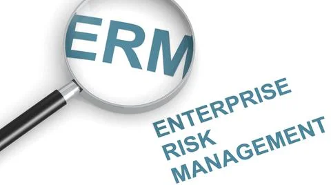 A 3d rendering of a magnifying glass above writings "ERM," "Enterprise Risk M Stock-Illustration