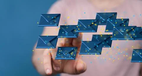 3D rendering of mail icons and binary codes with hand tapping on it from behind- 스톡 사진