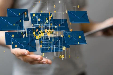 3D rendering of mail icons with binary code hovering over a man's palm Stock Photos