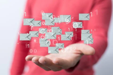 3D rendering of mail icons hovering over a man's palm Stock Photos