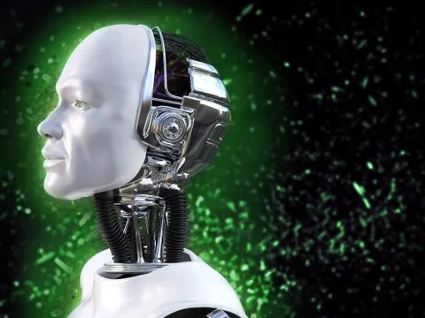 3D rendering of male robot with bokeh light effect. Illustrazione stock