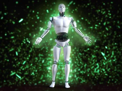 3D rendering of male robot with bokeh light effect. Stock Illustration