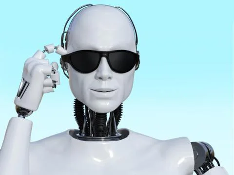 3D rendering of male robot with cool sunglasses. Stock Illustration