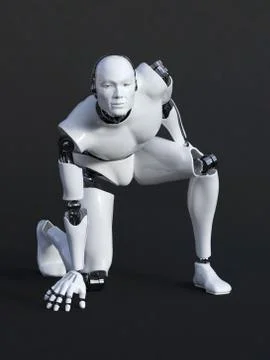 3D rendering of male robot crouching. Stock-Illustration