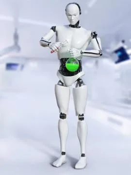 3D rendering of male robot doing a science experiment. Stock Illustration